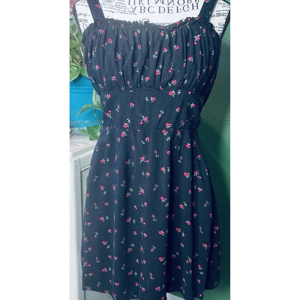 Vintage Y2K Black Floral Mini Dress Milkmaid Ditzy Floral Summer Dress- Large